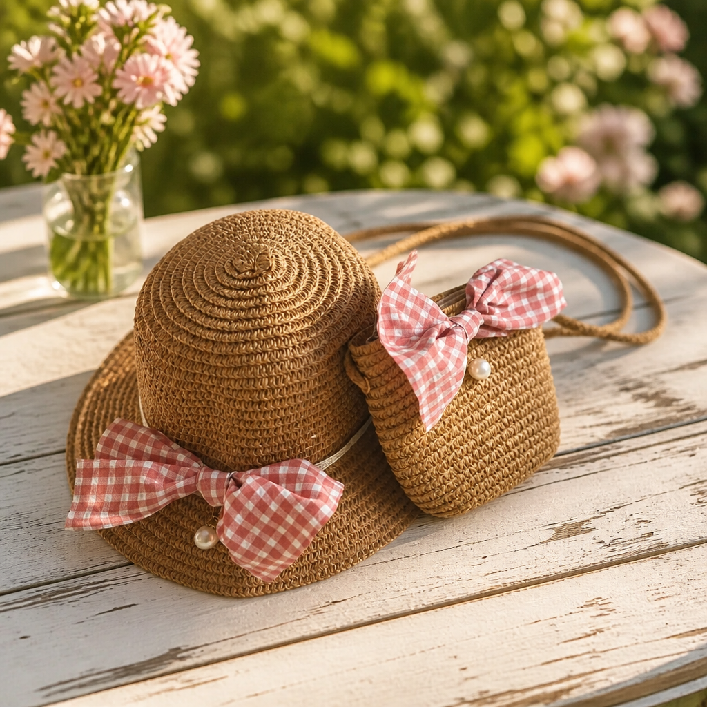 Ensemble Chapeau & Sac en Paille Artisanal – Nœuds Vichy Rose