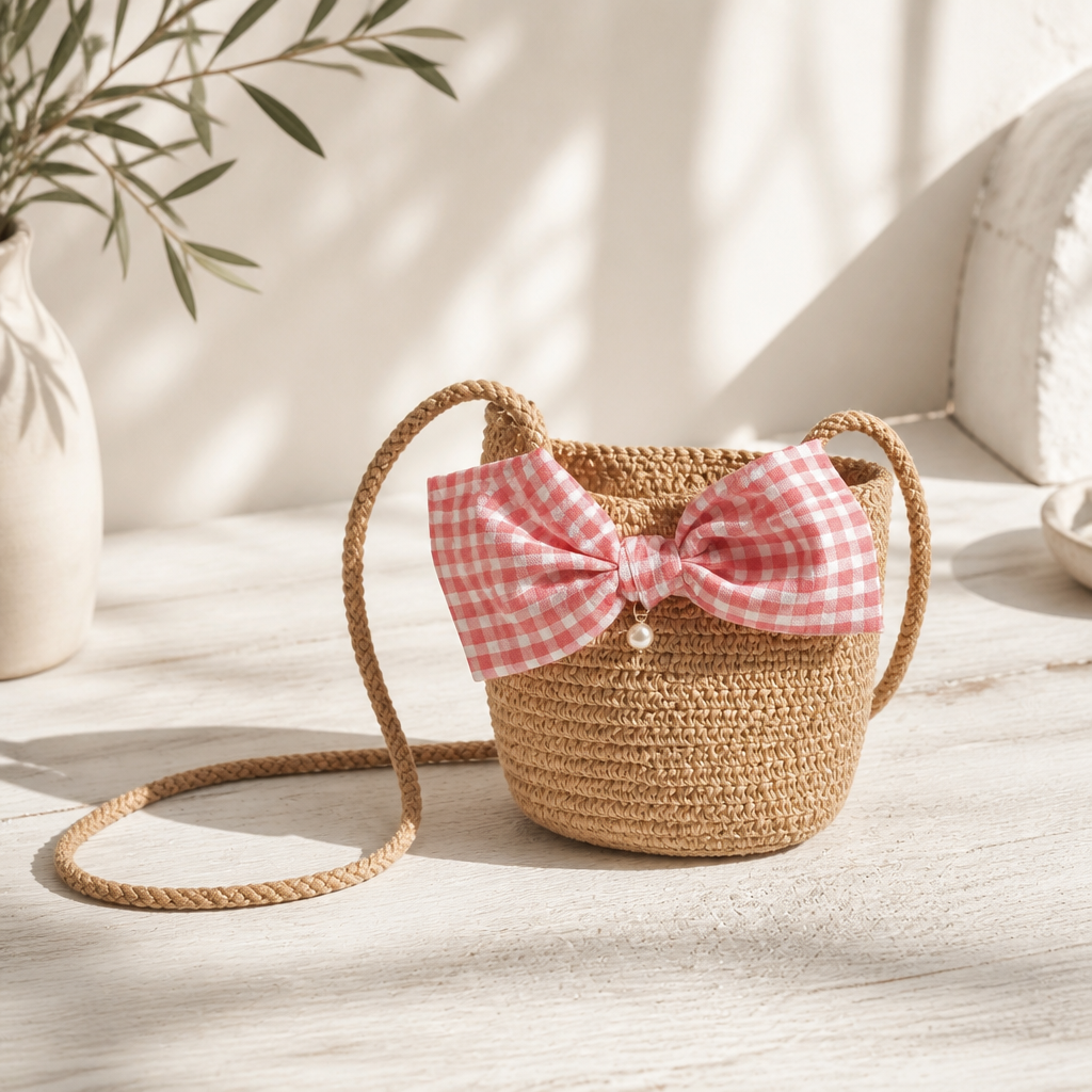 Ensemble Chapeau & Sac en Paille Artisanal – Nœuds Vichy Rose