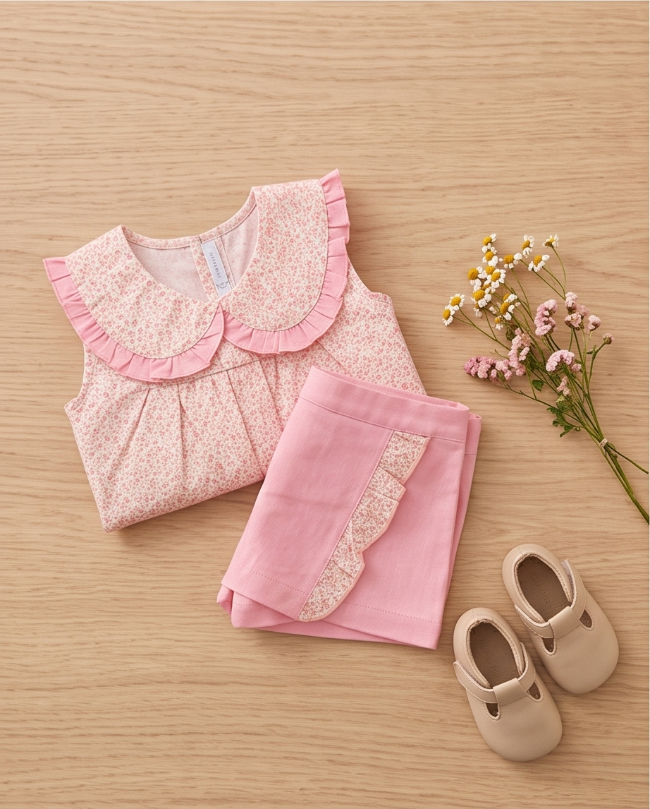 Ensemble fille haut fleuri & short rose col Claudine volants