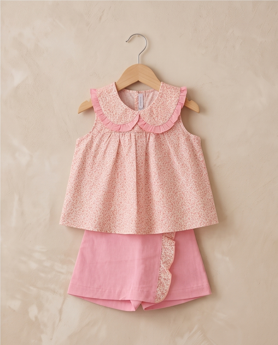 Ensemble fille haut fleuri & short rose col Claudine volants
