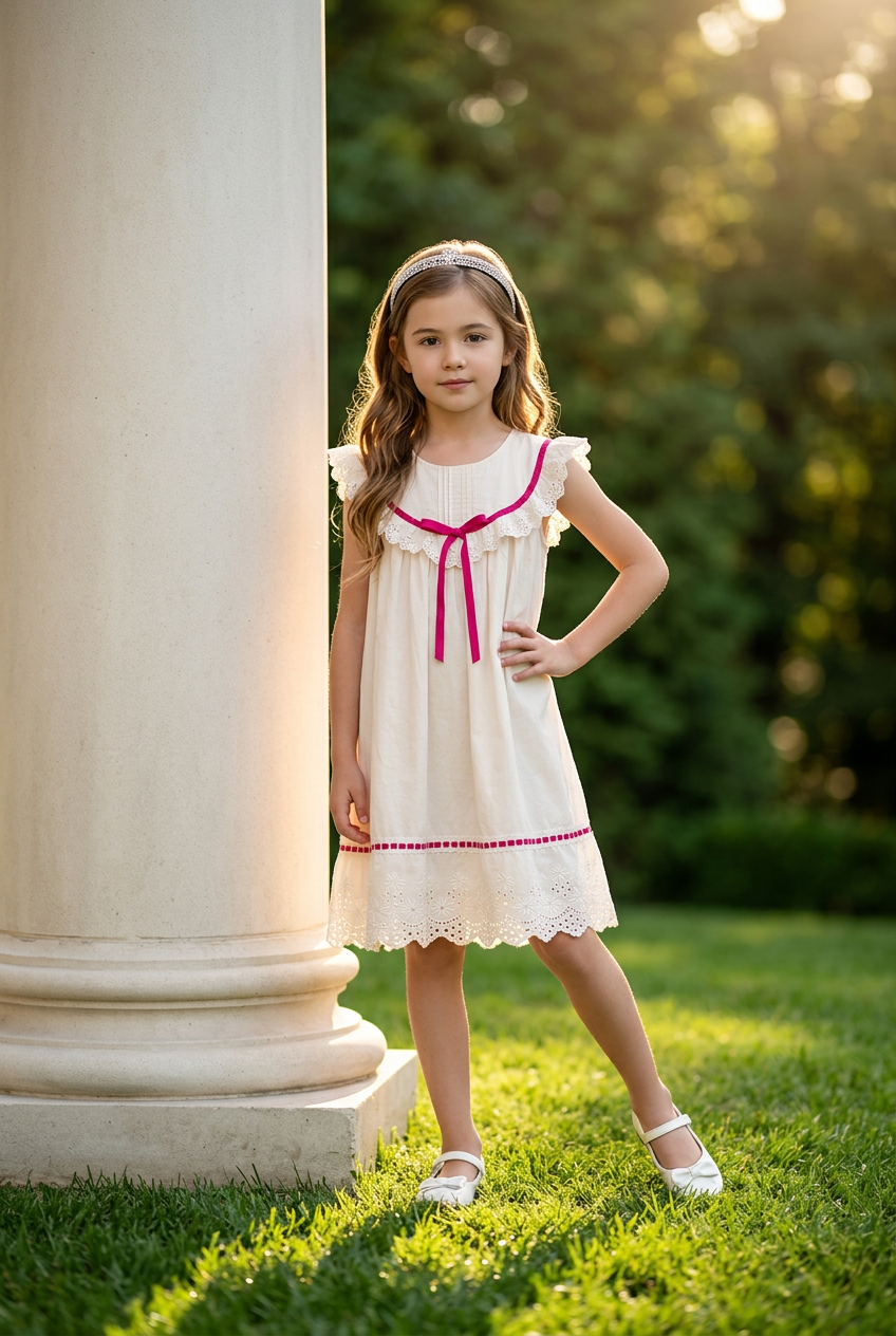 Robe fille broderie col marin écru et ruban rouge, faite main, taille 5-6 ans