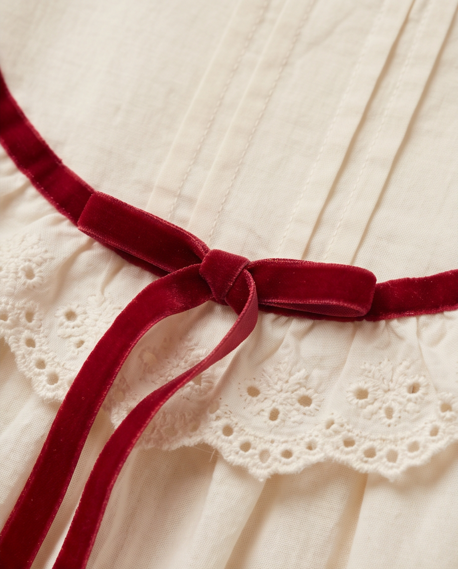 Robe fille broderie col marin écru et ruban rouge, faite main, taille 5-6 ans