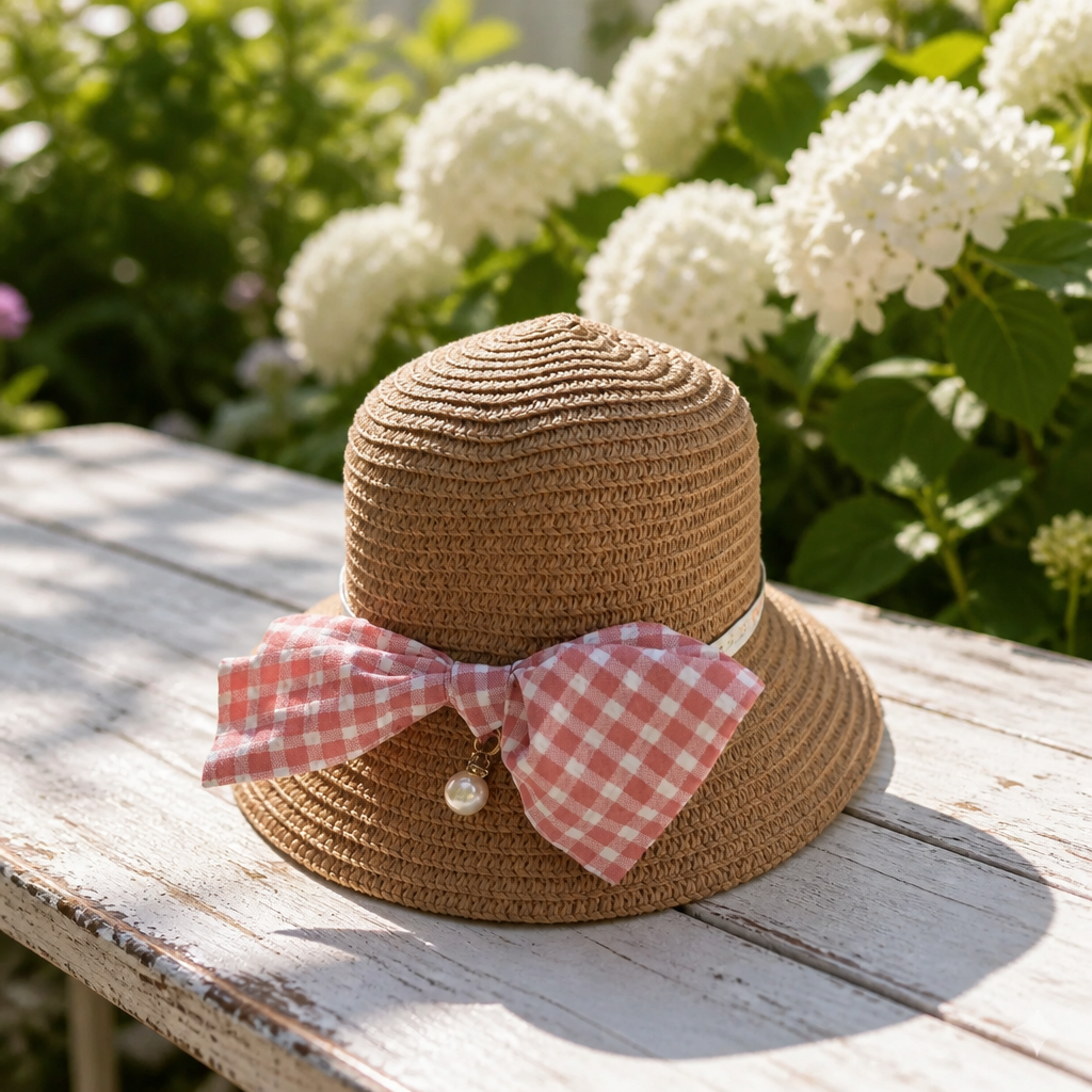 Ensemble Chapeau & Sac en Paille Artisanal – Nœuds Vichy Rose