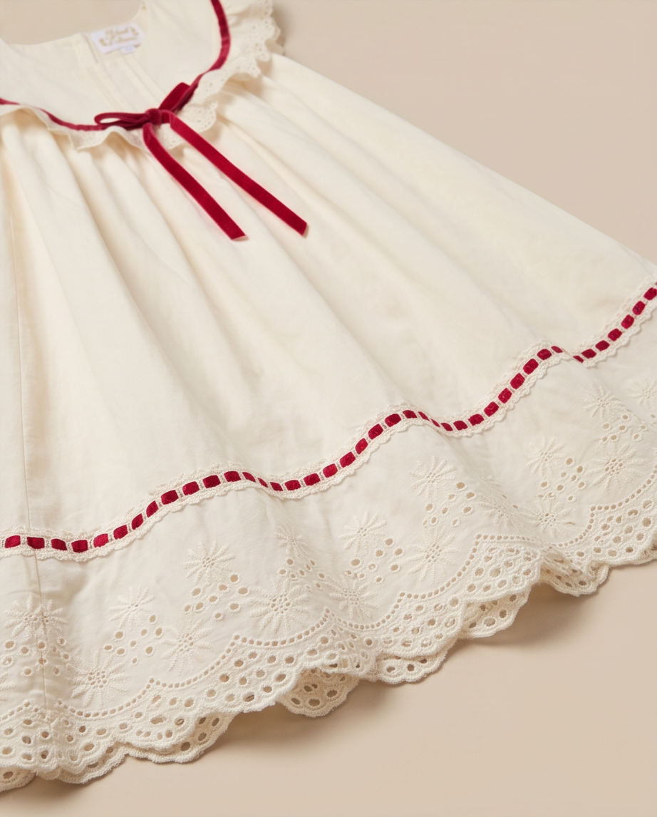 Robe fille broderie col marin écru et ruban rouge, faite main, taille 5-6 ans