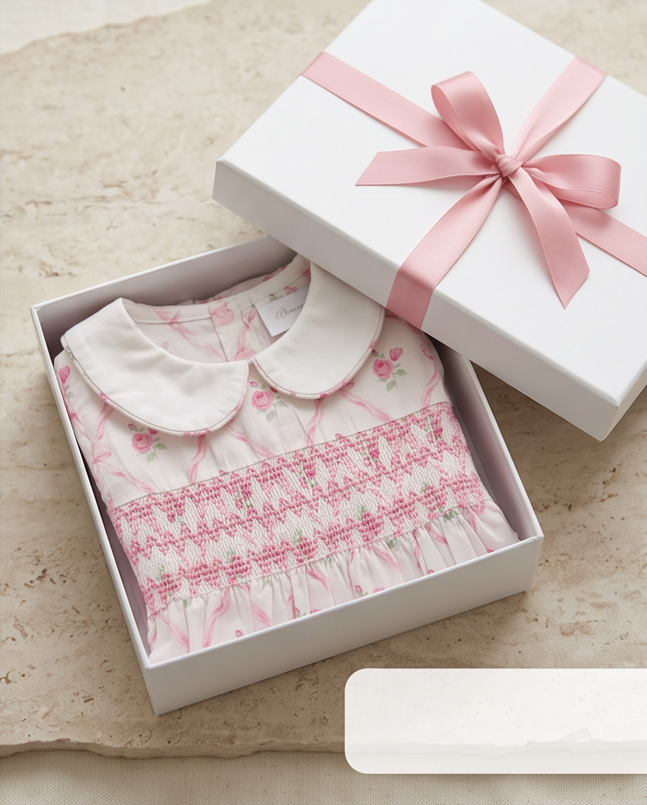 Robe smockée fleurie présentée dans un coffret cadeau blanc avec ruban rose